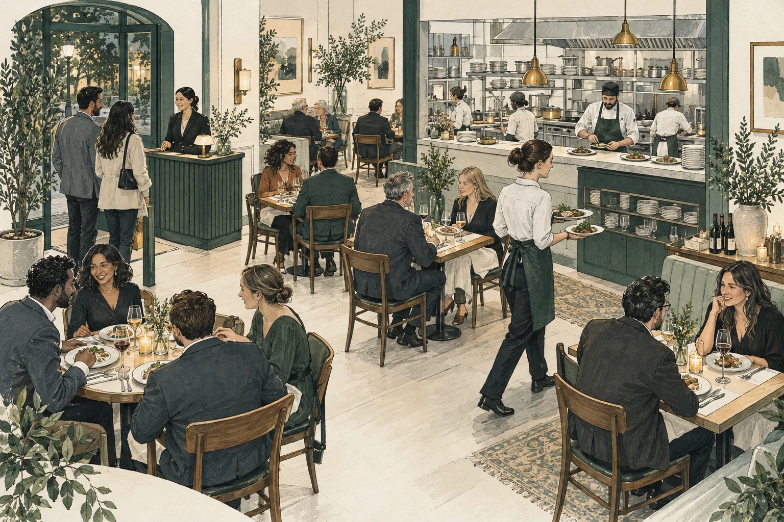 Dinner guests, a server and the kitchen pass illustrate the resources behind a full-service meal.