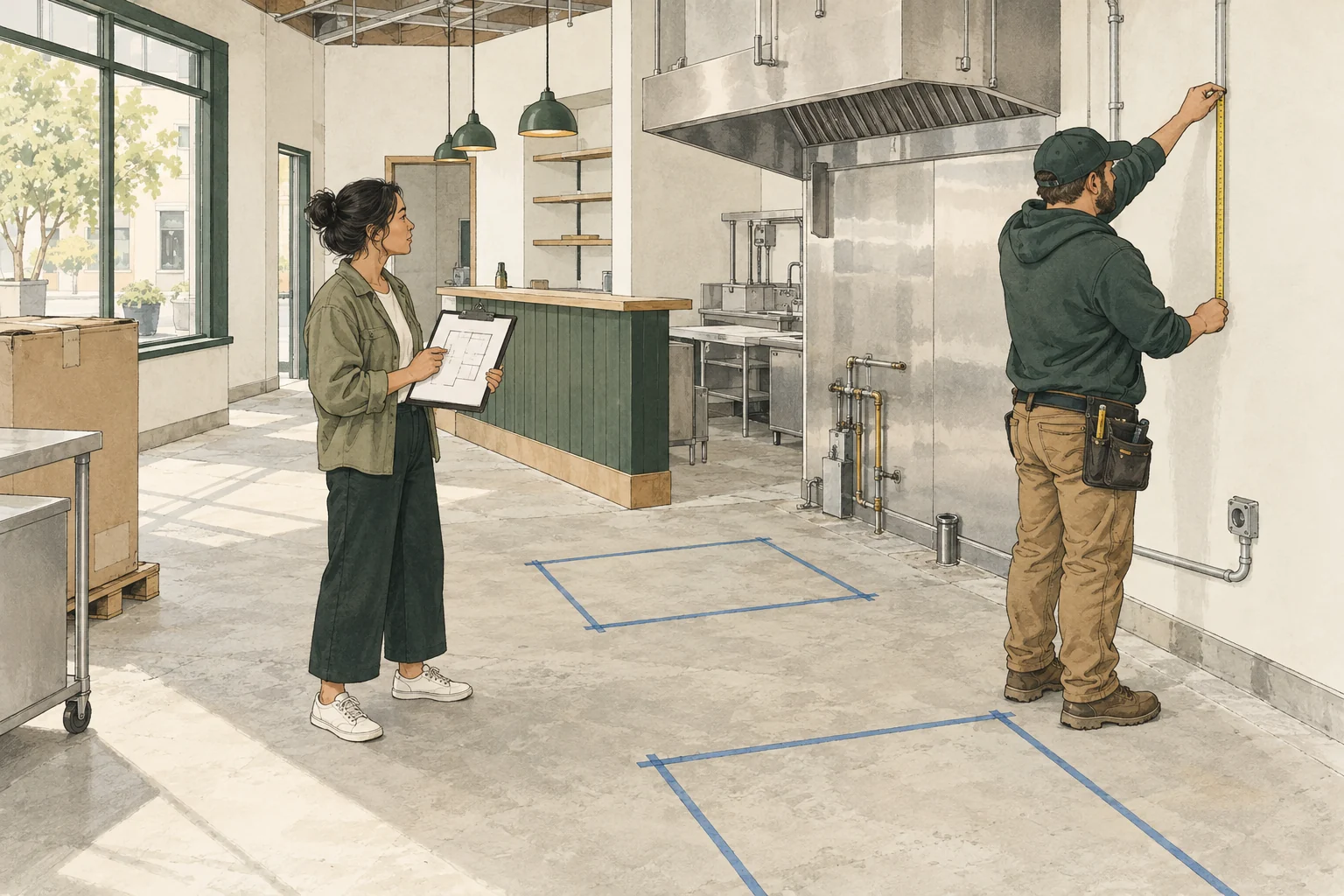 A founder and contractor inspect a proposed restaurant shell and review the equipment fit.