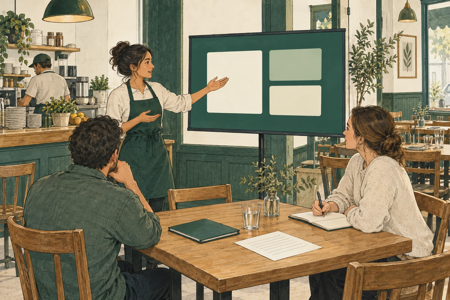 A founder practices a business presentation with two peers, with a plan and financial worksheet on the table.