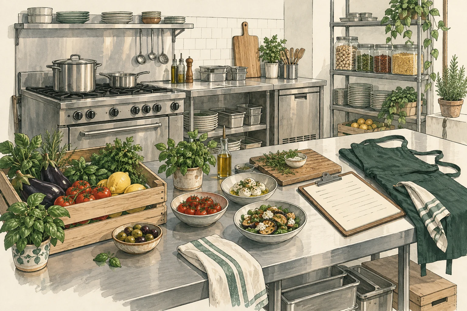 Commercial kitchen equipment, opening ingredient stock and preparation materials for a small restaurant.