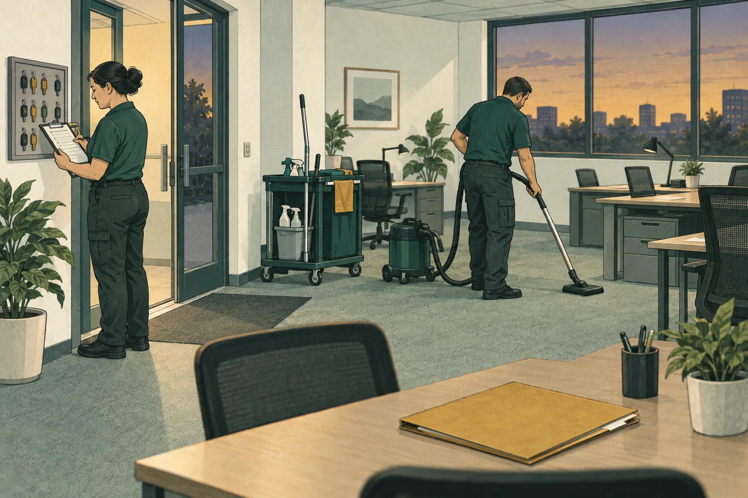 A cleaner works in a modest empty office at dusk with a secure supply cart, desks and vacuum; another checks a key return log near the entrance. An invoice folder on a desk suggests the account customer. No server room, medical equipment or client staff.