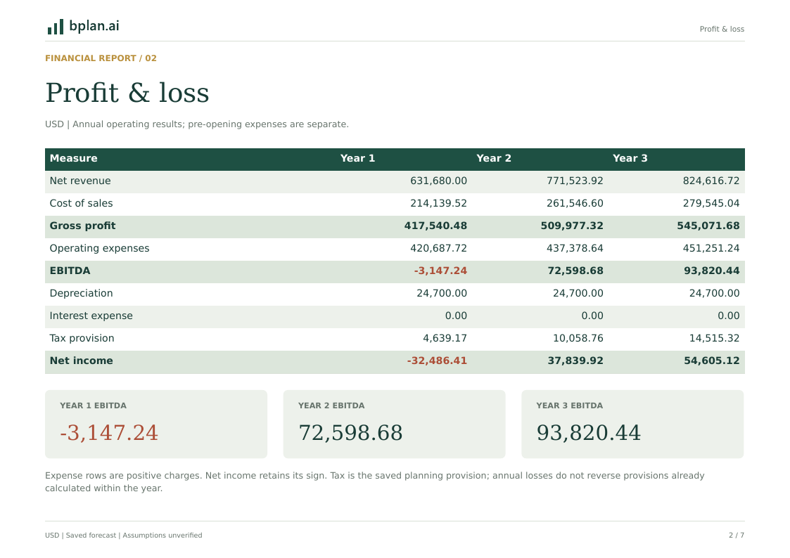 Actual annual profit and loss report including the first-year loss