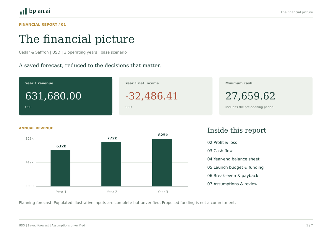 Actual Financial overview page from the Cedar and Saffron financial report