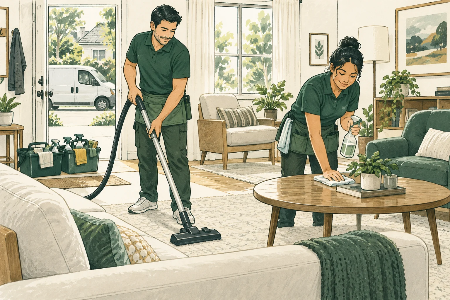 Two residential cleaners work together in an occupied tidy living room, one uses a vacuum while the other wipes a table; labeled supply caddies wait by the entry, with a modest route vehicle visible outside. Show a single cooperating two-person crew.