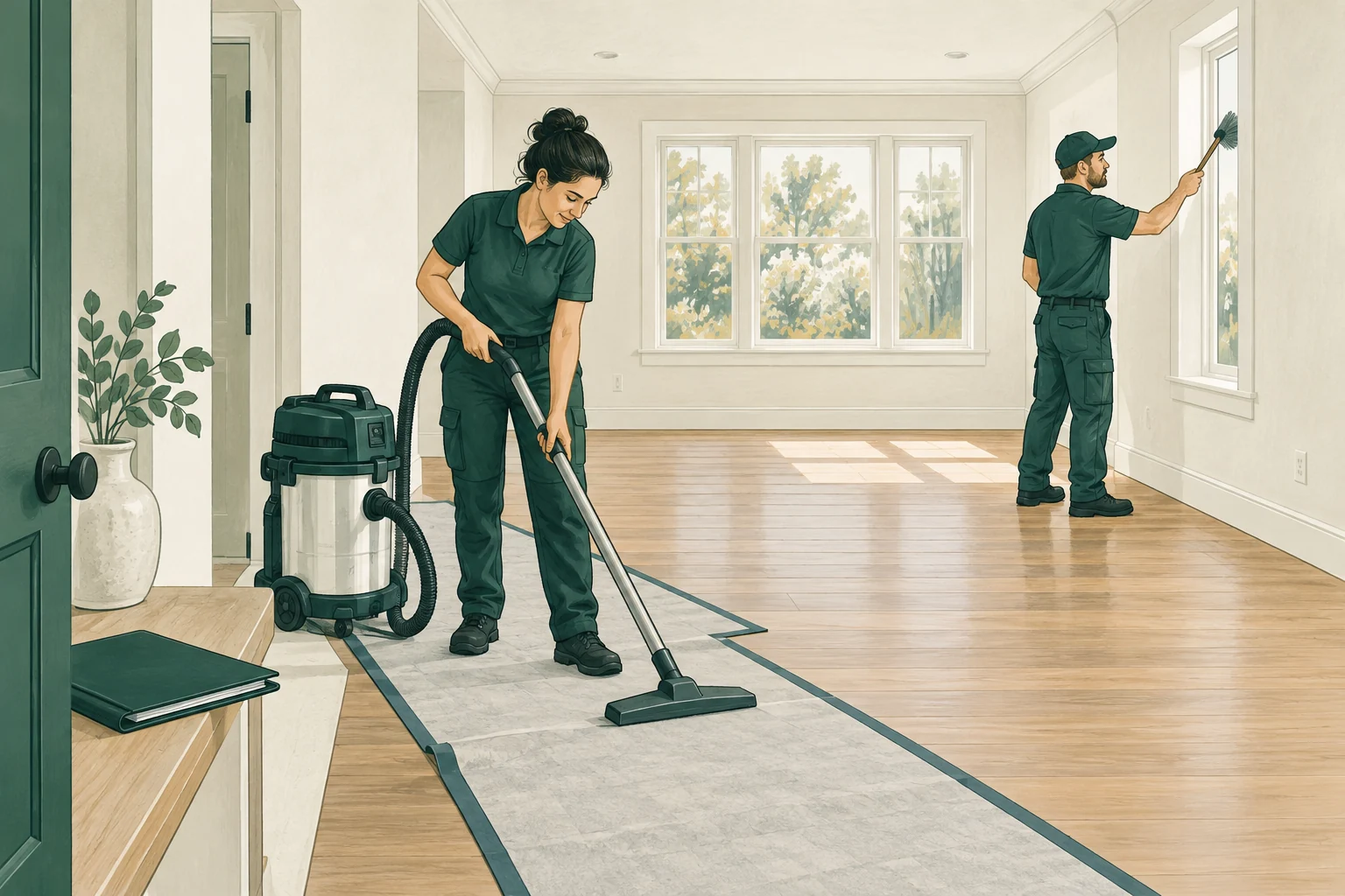 A two-person final-cleaning crew in a completed, empty newly renovated room: intact finished surfaces, high-filtration vacuum, soft brushes and protective floor runners. No active construction, airborne dust, respirators, ladders or hazardous debris; a closed site-release folder sits near the entrance.