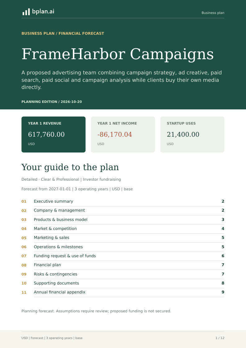 Actual FrameHarbor Campaigns business-plan PDF cover