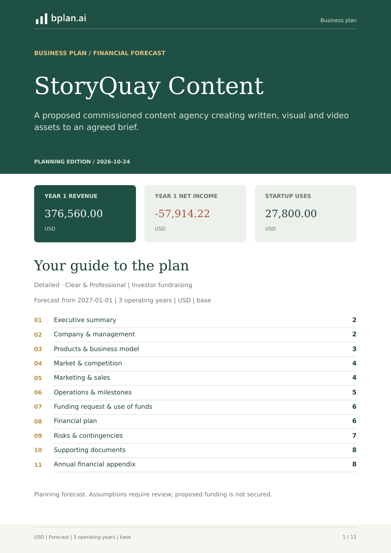 Actual StoryQuay Content business-plan PDF cover