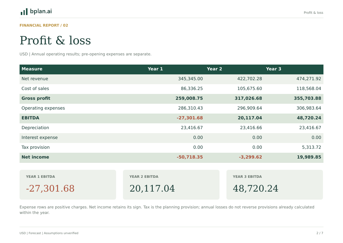Actual annual profit and loss report for Copperline Plumbing