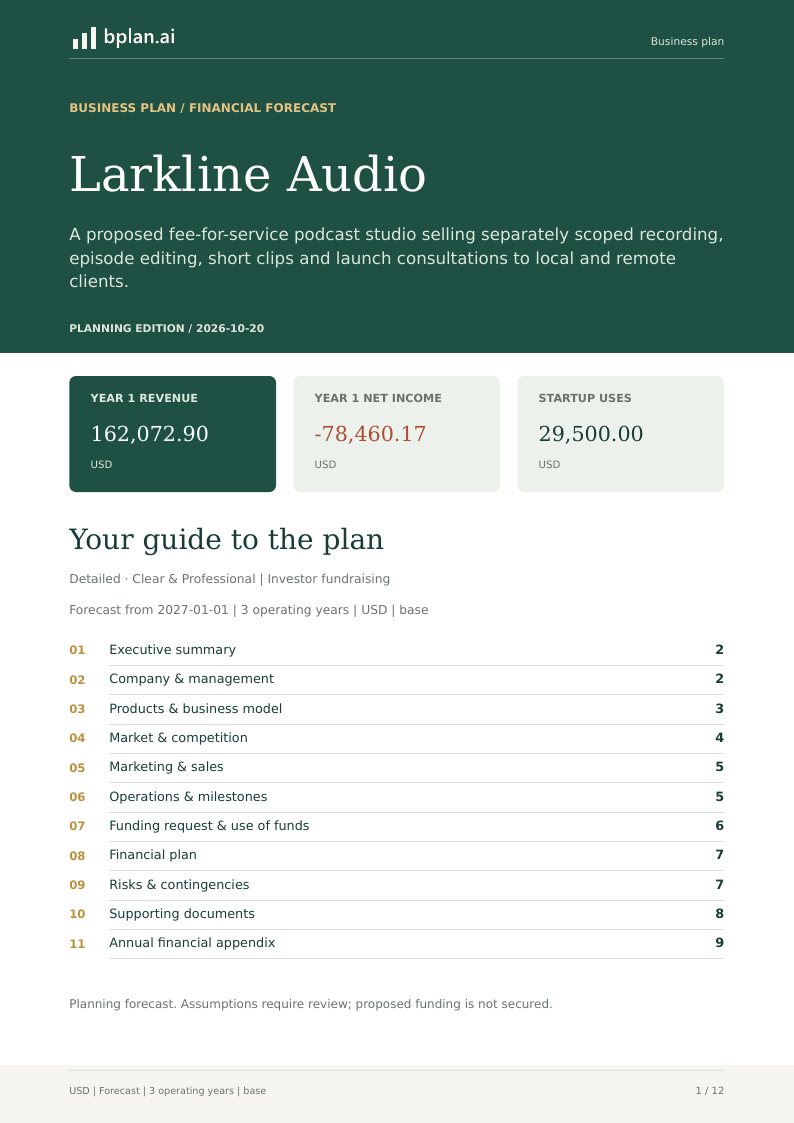 Actual Larkline Audio business-plan PDF cover