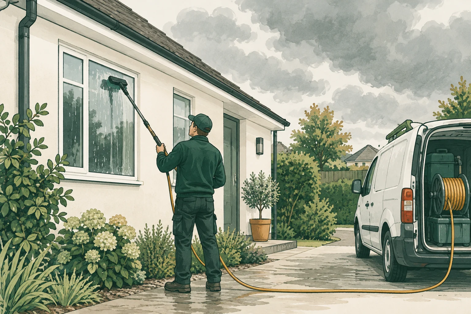 A solo window cleaner stands safely on the ground outside a one-story house using a short water-fed pole on reachable windows; a modest service van and hose reel sit nearby. A cloudy sky suggests weather interruptions. No ladders, roof work, high access or pressure washer.