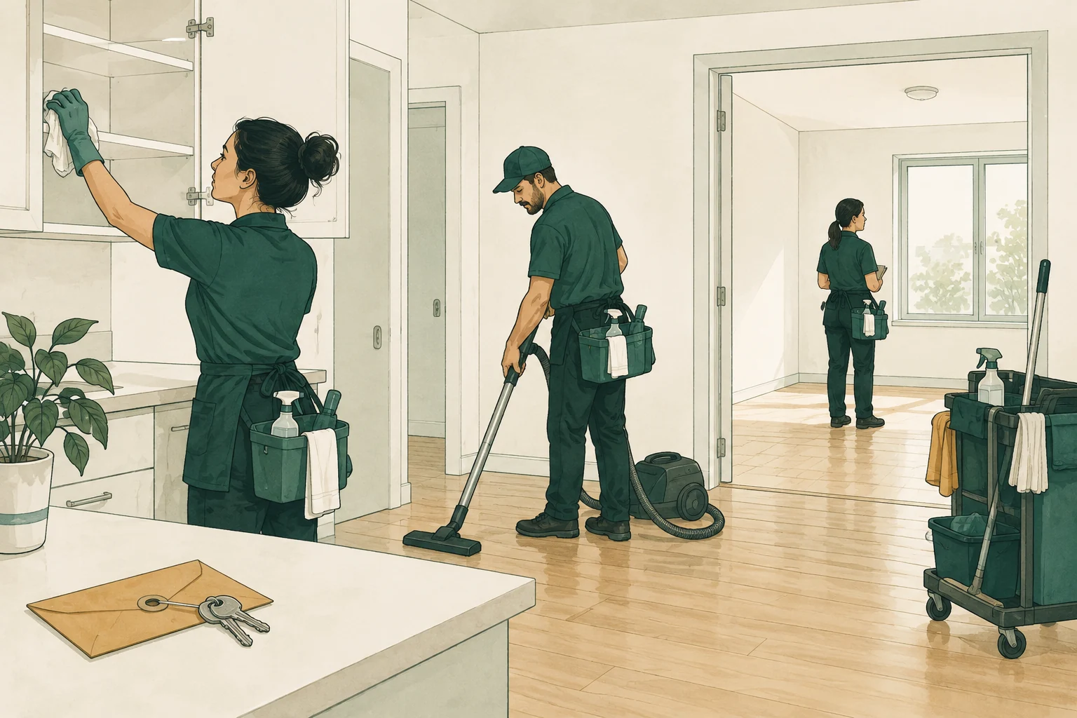 A three-person cleaning crew with separate caddies works through an empty apartment at handover: one vacuuming, one wiping an empty cabinet, one checking a vacant room. A key envelope and packing cart signal property access, no tenants or moving boxes.