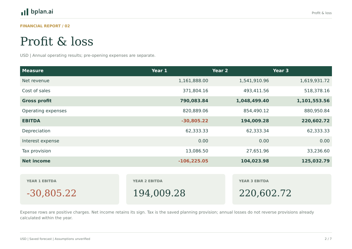 Actual Annual profit & loss page from Juniper Table financial PDF
