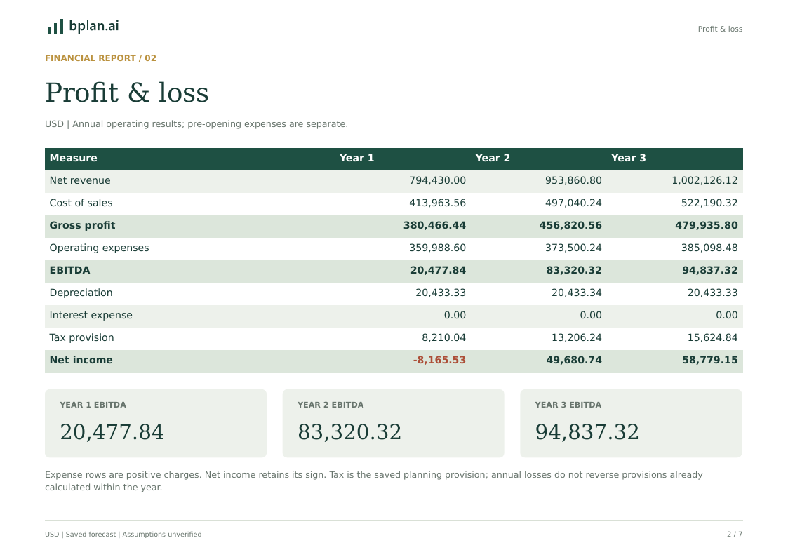 Actual Annual profit & loss page from Parcel Kitchen financial PDF
