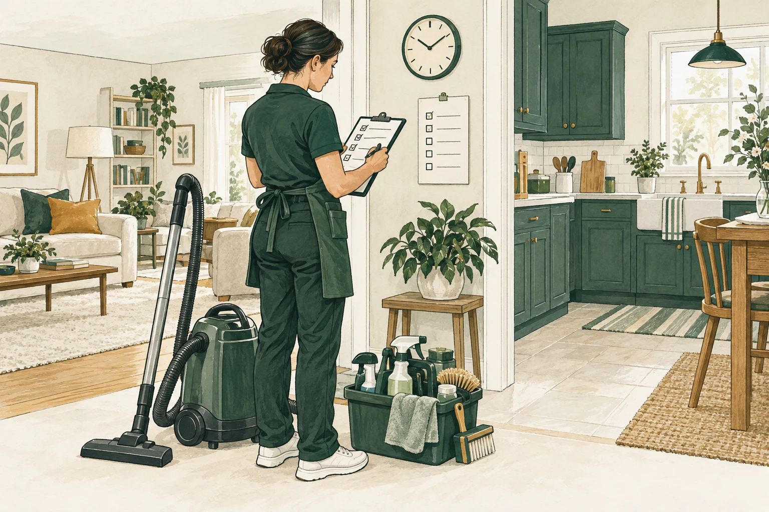 One professional residential cleaner examines a room checklist beside a kitchen doorway, with a closed vacuum, detail brushes and labeled caddy. A small clock and organized room zones suggest a carefully scoped long appointment; no second worker.