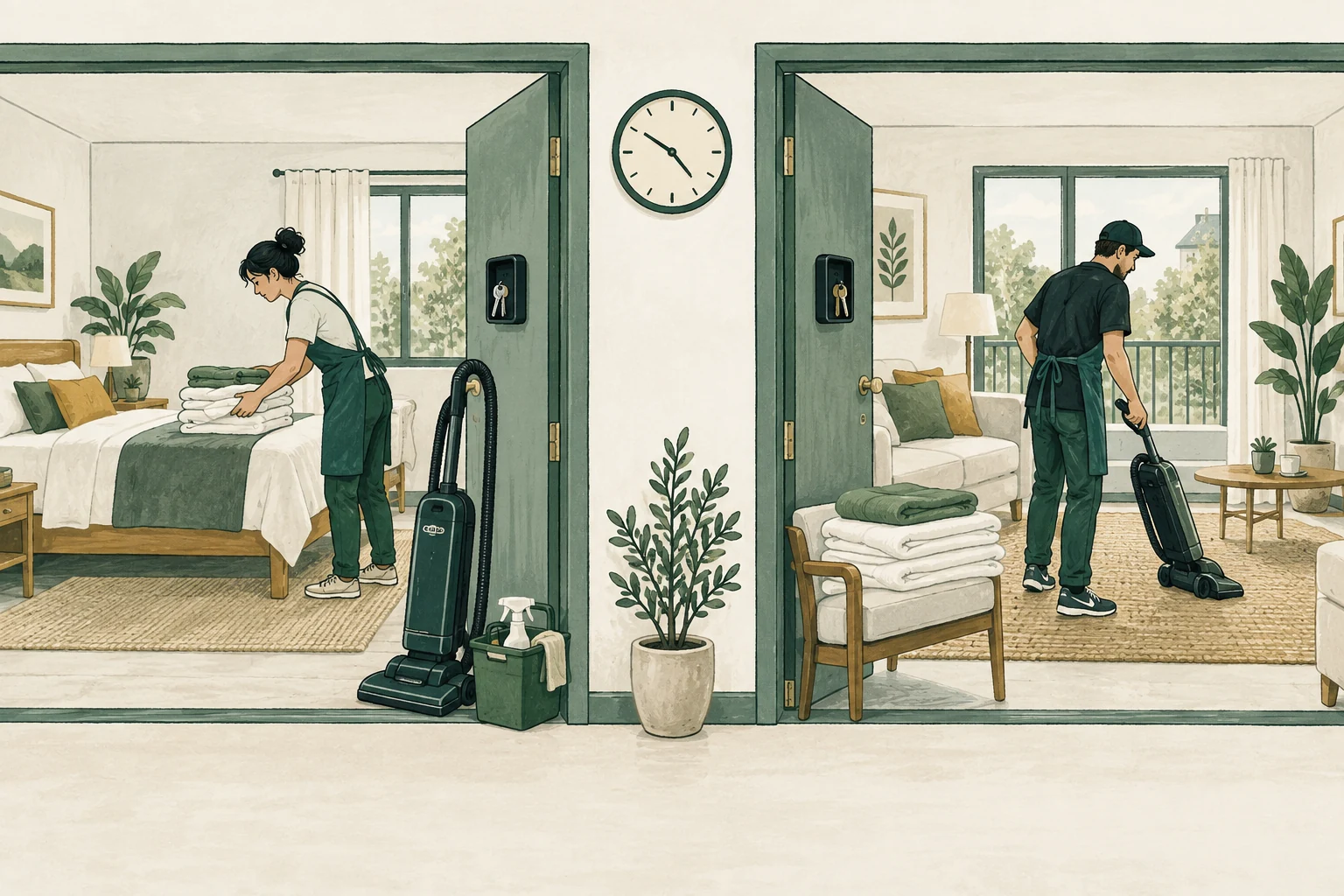 Two separate rental apartment reset stations in a cutaway composition: each has one cleaner, a linen bundle supplied by the host, vacuum and key lockbox. An unobtrusive wall clock suggests overlapping turnover windows. No laundry machines or hotel reception.